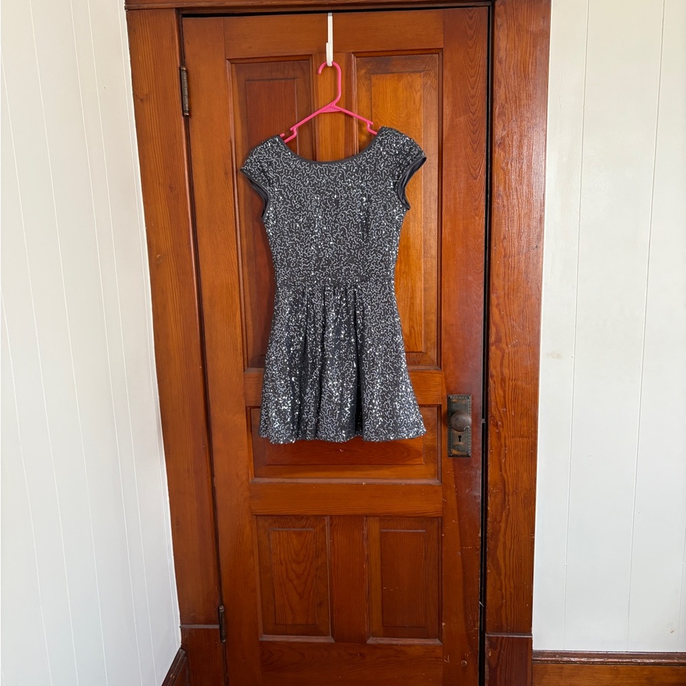 B Darlin Silver Sequin Short Sleeve Skater Dress